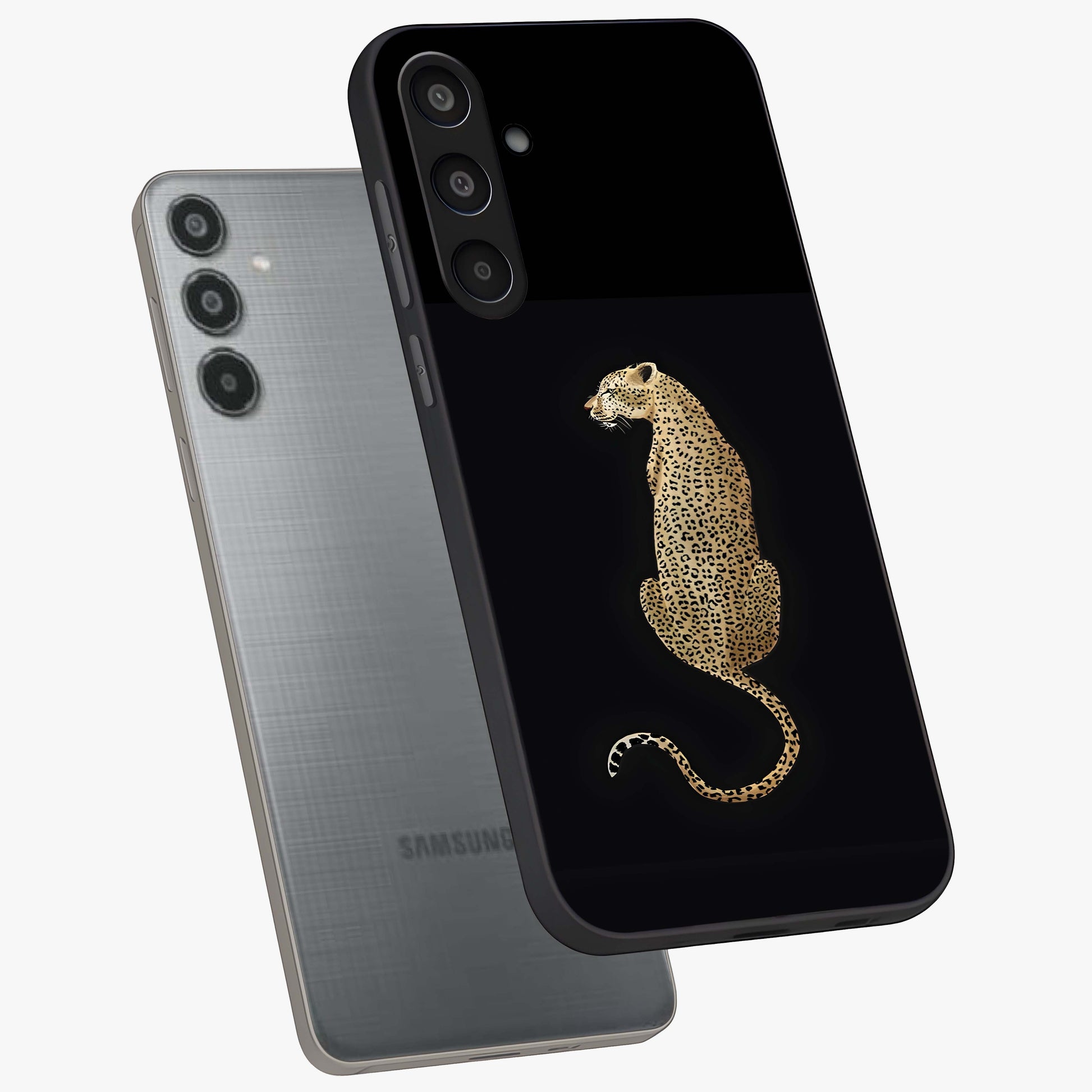 Regal Leopard Glass Case displayed in angled mockup highlighting powerful animal illustration with stylish wild aesthetic.
