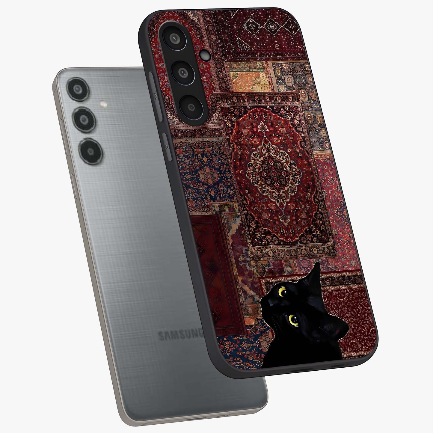 Regal Magic Cat Apple Glass Case displayed in angled mockup highlighting whimsical feline design with fantasy aesthetic.