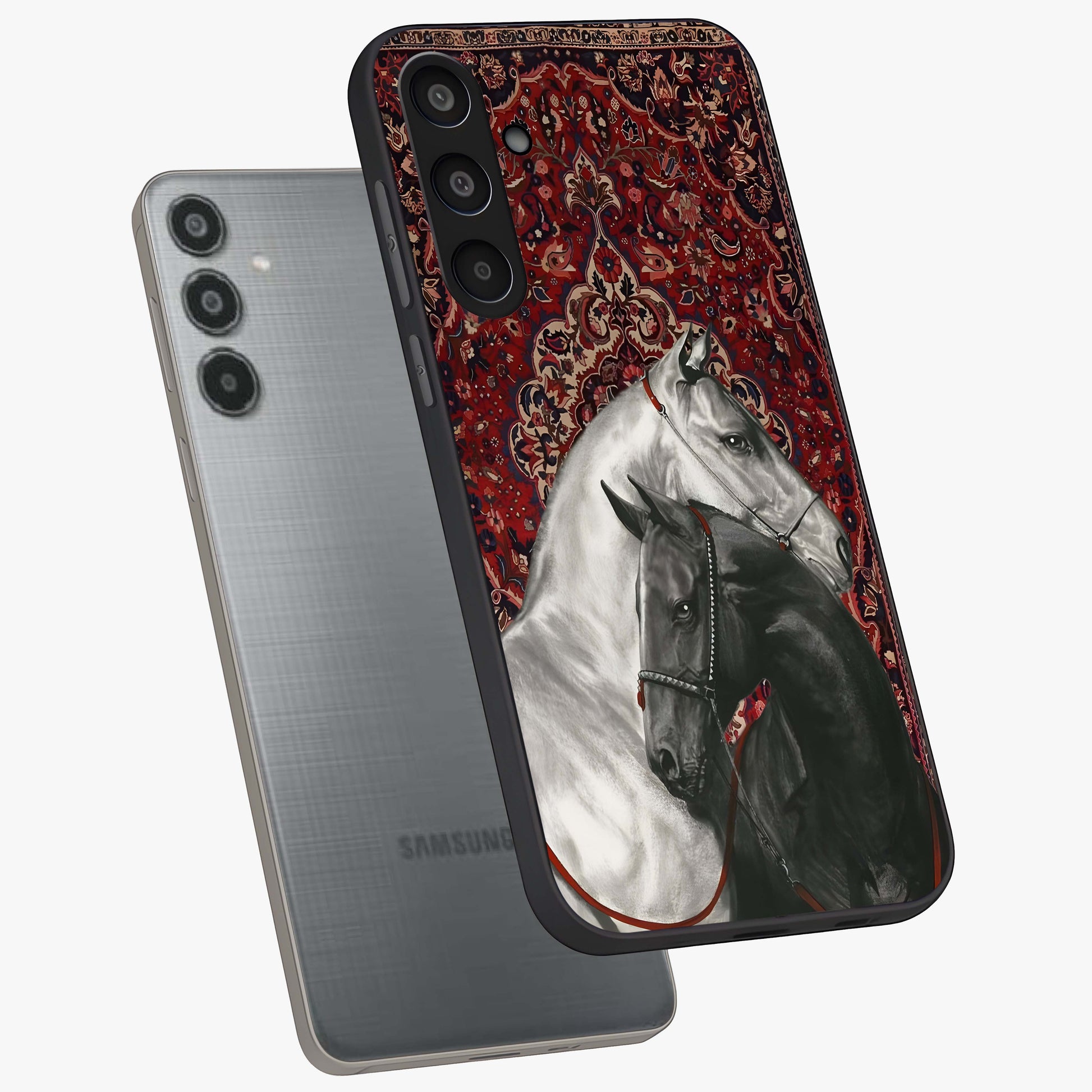 Regal Stallion Tapestry Glass Case displayed in angled mockup highlighting royal stallion design with decorative heritage aesthetic.