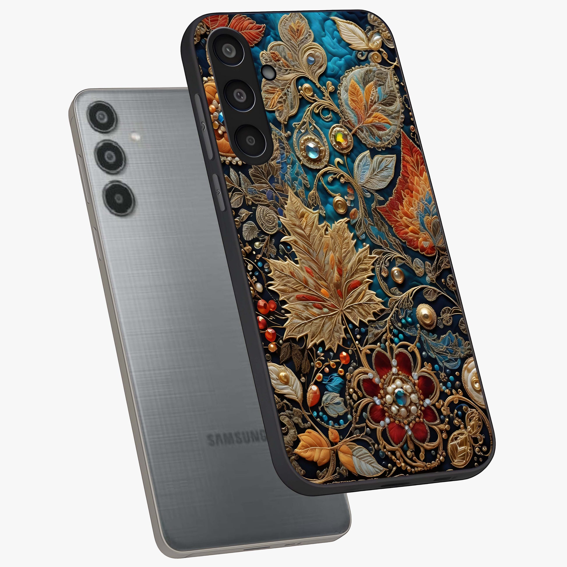 Royal Jewel Garden Glass Case displayed in angled mockup highlighting vibrant jewel inspired floral design with elegant aesthetic.