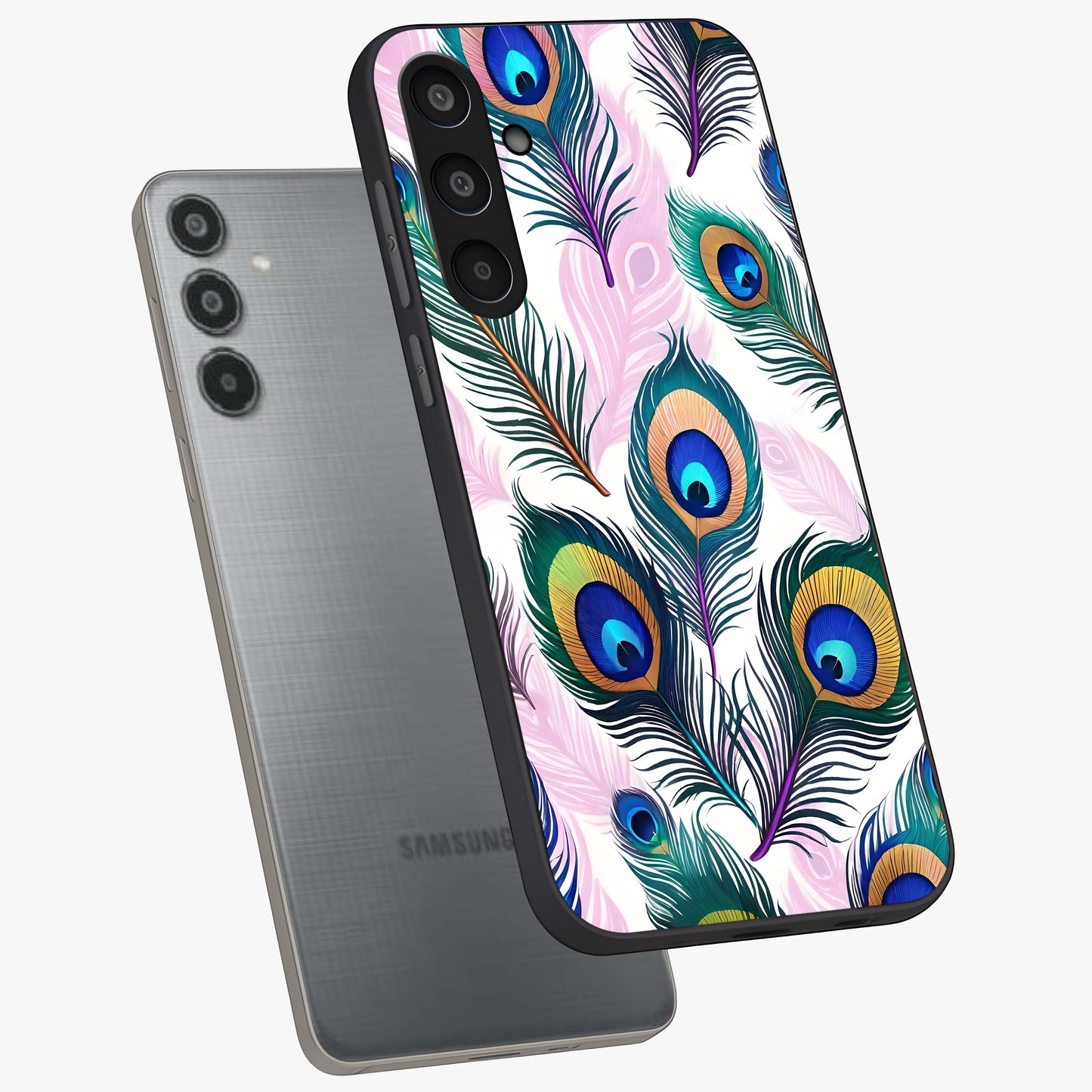 Royal Peacock Feathers Glass Case displayed in angled mockup highlighting vibrant feather pattern with regal aesthetic style.