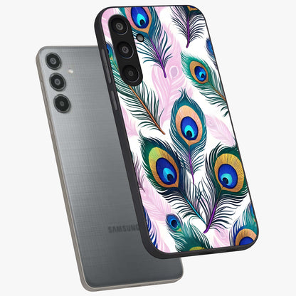 Royal Peacock Feathers Glass Case displayed in angled mockup highlighting vibrant feather pattern with regal aesthetic style.