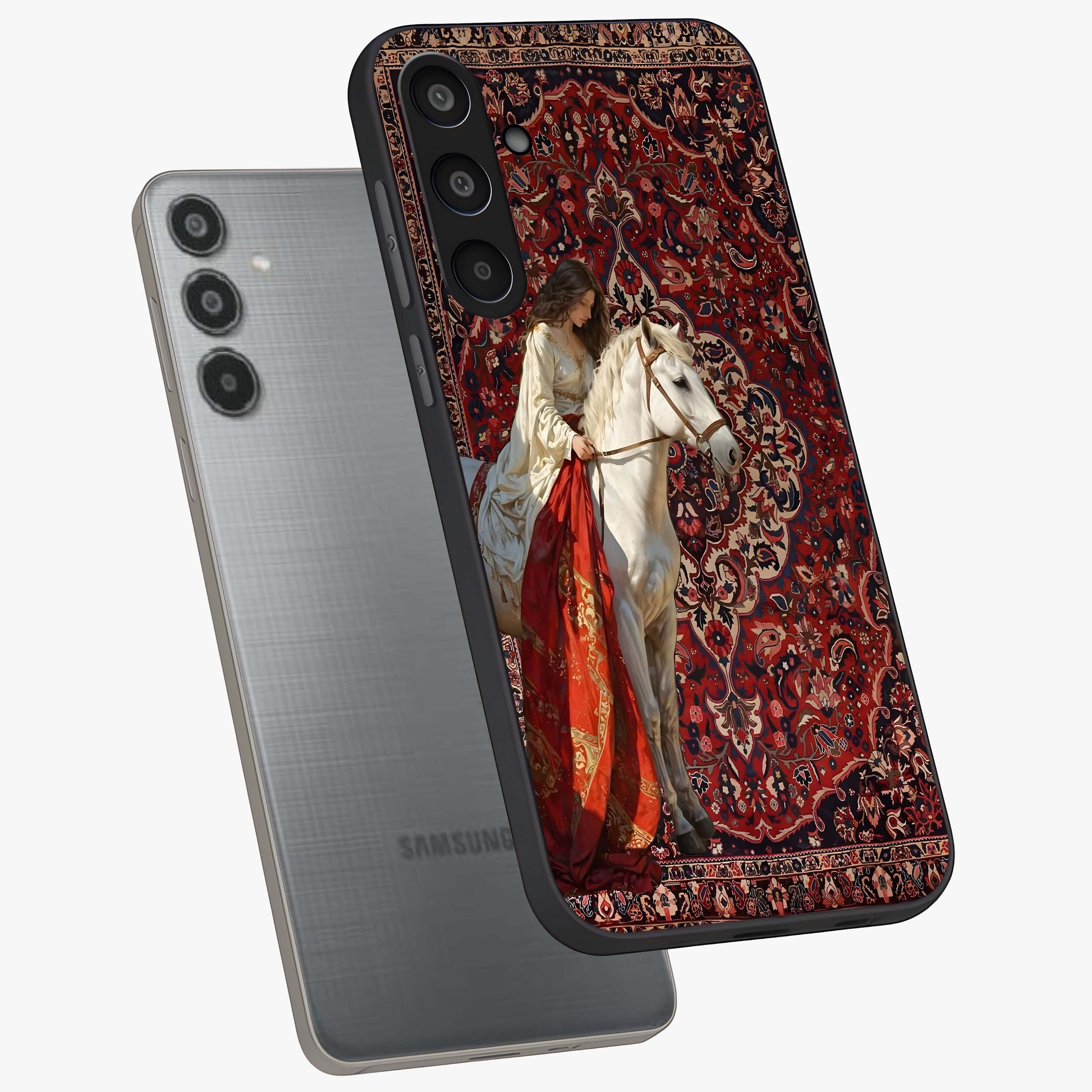 Royal Rider Tapestry Glass Case displayed in angled mockup highlighting traditional tapestry design with royal heritage aesthetic.
