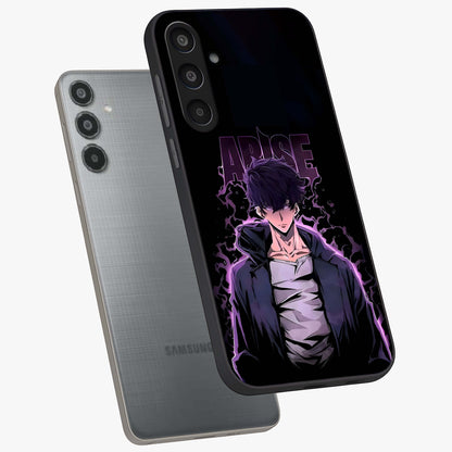 Shadow Monarch Awakening Glass Case displayed in angled mockup highlighting dramatic shadow warrior design with fantasy aesthetic.