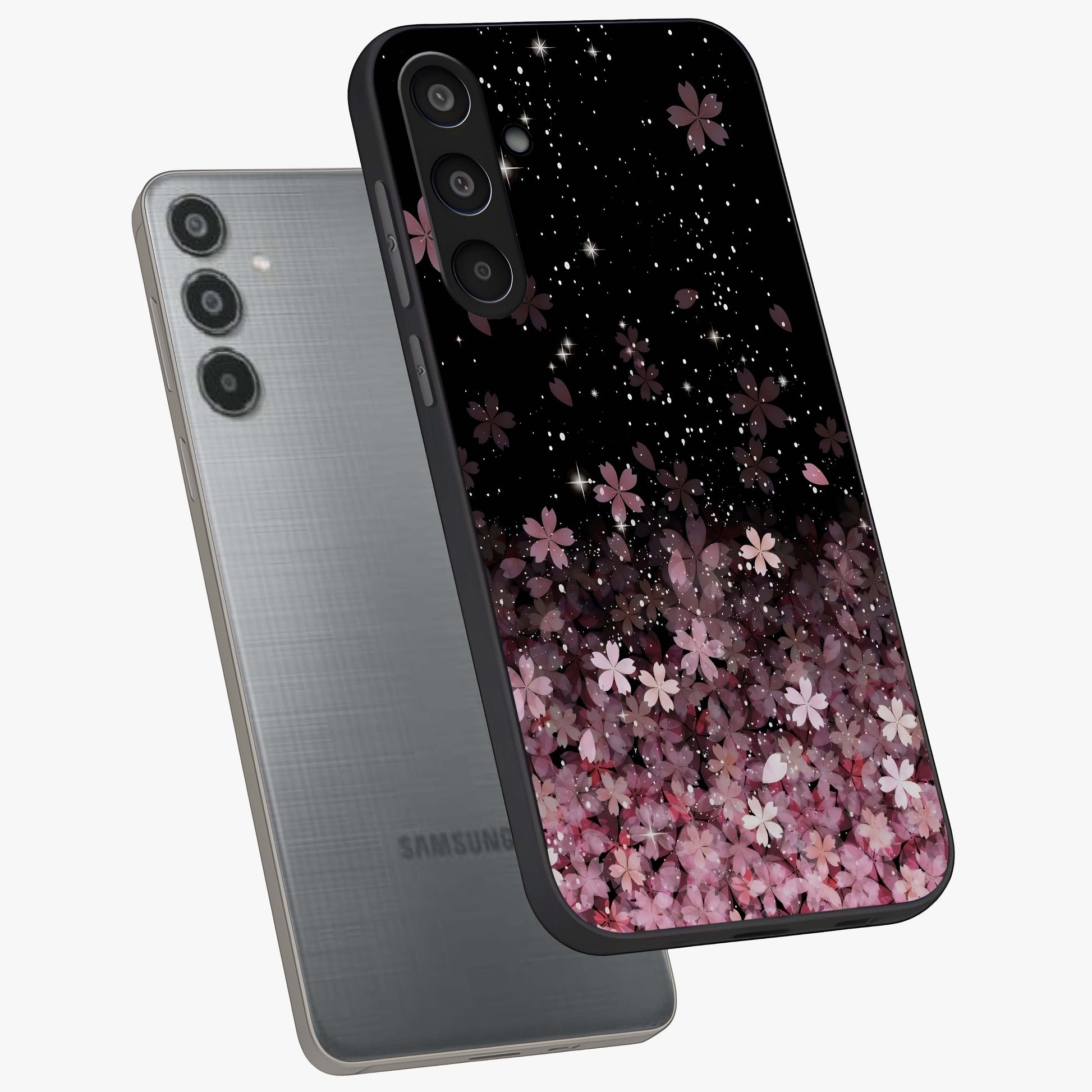 Small Starry Flowers Glass Case displayed in angled mockup highlighting tiny flower pattern with celestial aesthetic style.