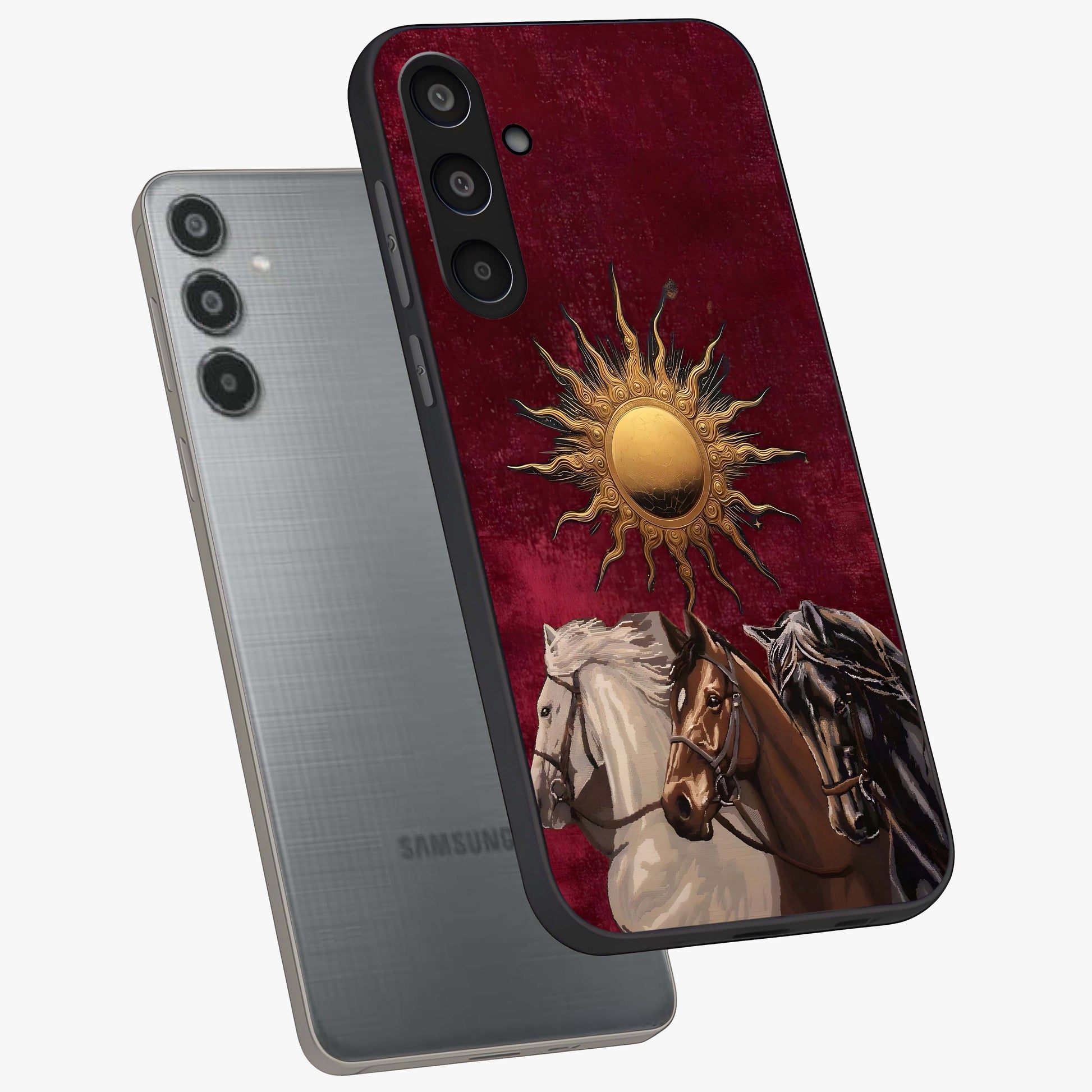 Solar Riders Glass Case displayed in angled mockup highlighting powerful rider illustration with radiant solar aesthetic.