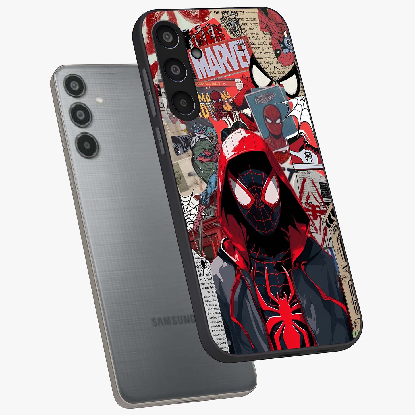 Spider Collage Street Glass Case displayed in angled mockup highlighting dynamic street style collage design with comic aesthetic.