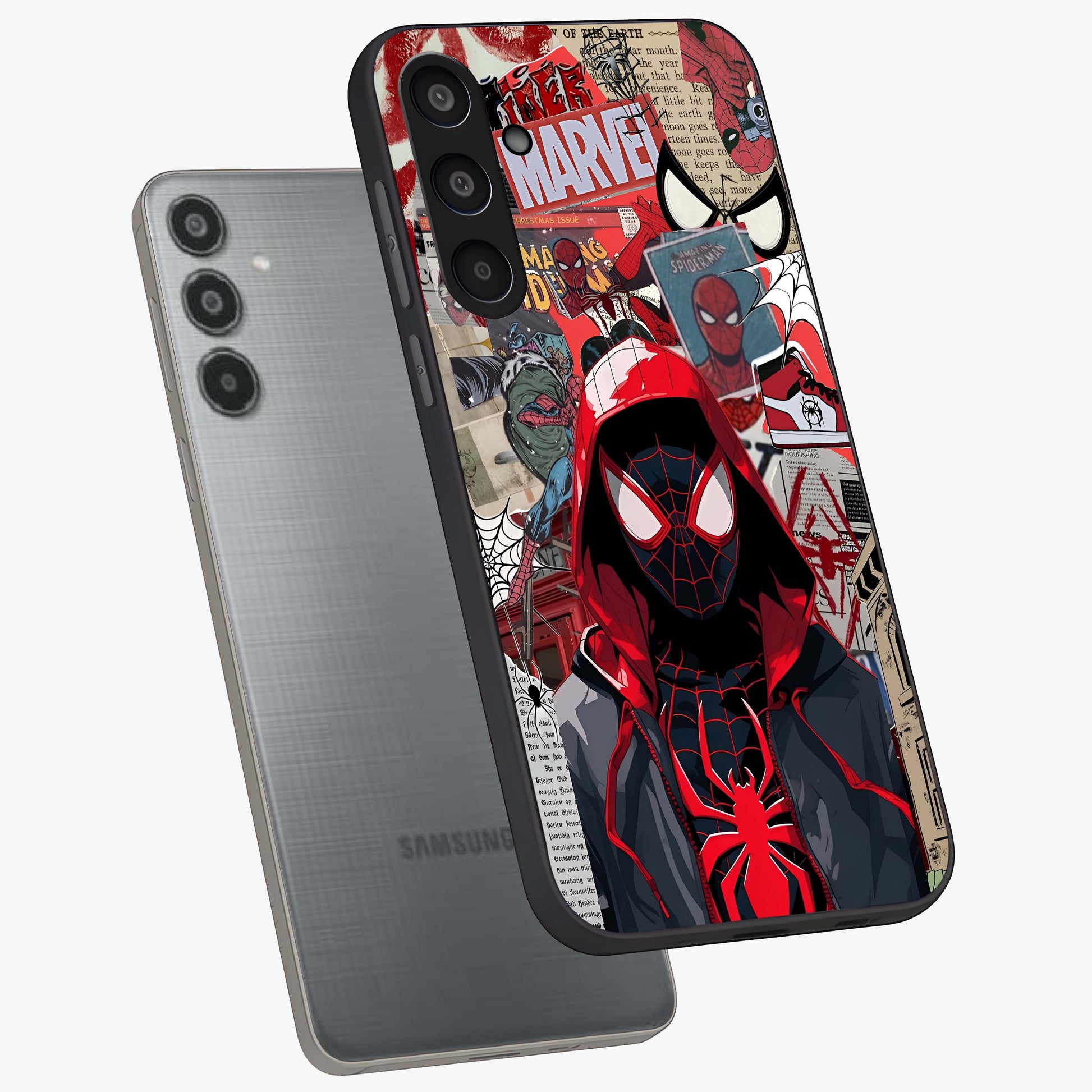 Spider Collage Street Glass Case displayed in angled mockup highlighting dynamic street style collage design with comic aesthetic.