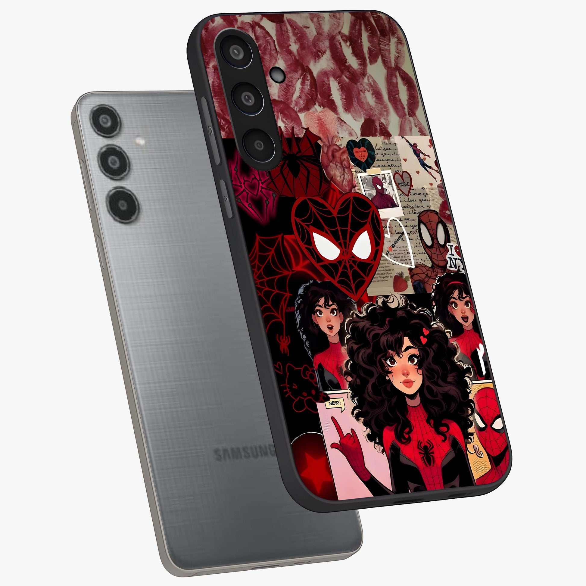 Spider Love Story Glass Case displayed in angled mockup highlighting expressive comic inspired design with playful aesthetic.