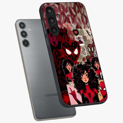 Spider Love Story Glass Case displayed in angled mockup highlighting expressive comic inspired design with playful aesthetic.