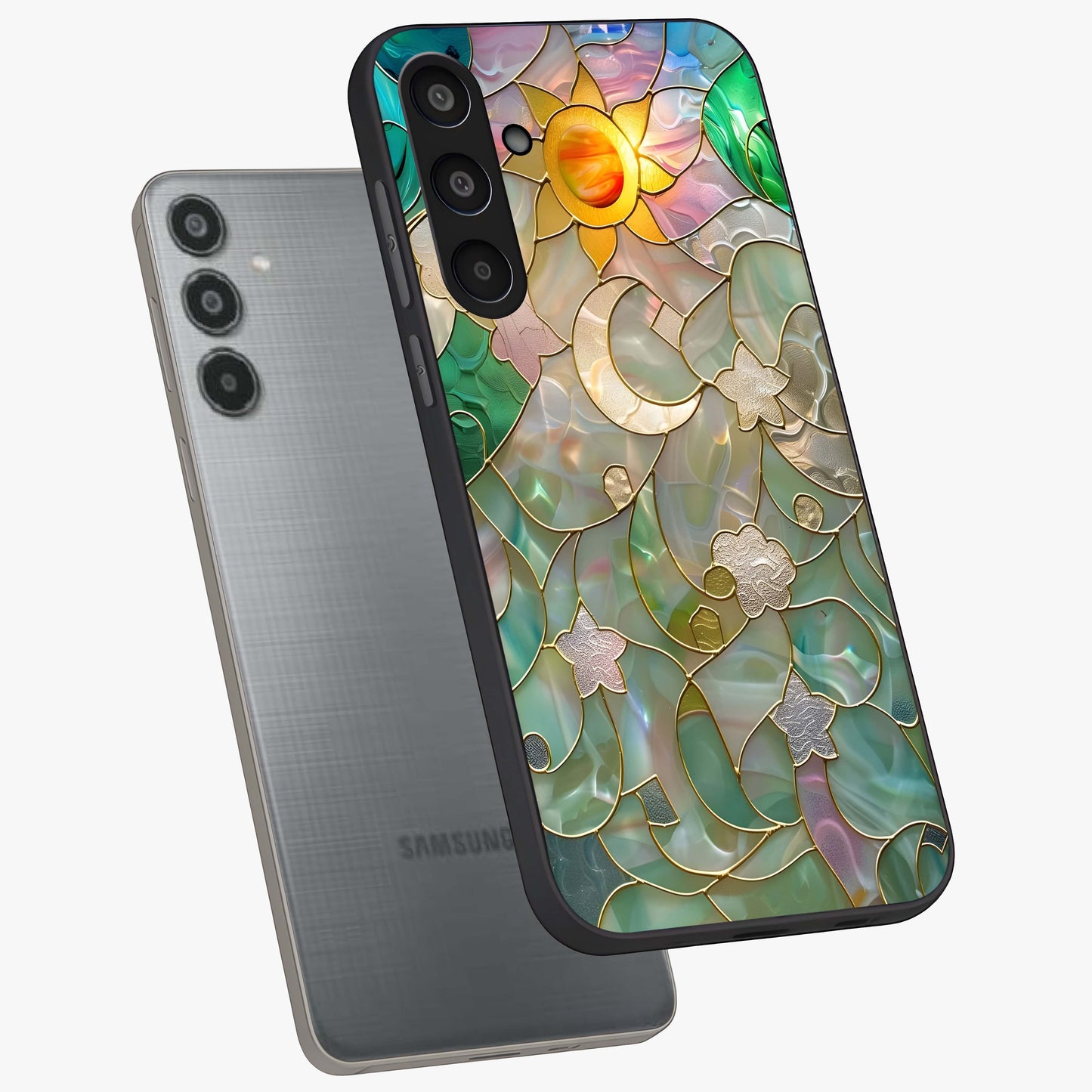 Stained Sunrise Glow Glass Case displayed in angled mockup highlighting radiant sunrise design with artistic aesthetic style.