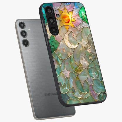 Stained Sunrise Glow Glass Case displayed in angled mockup highlighting radiant sunrise design with artistic aesthetic style.
