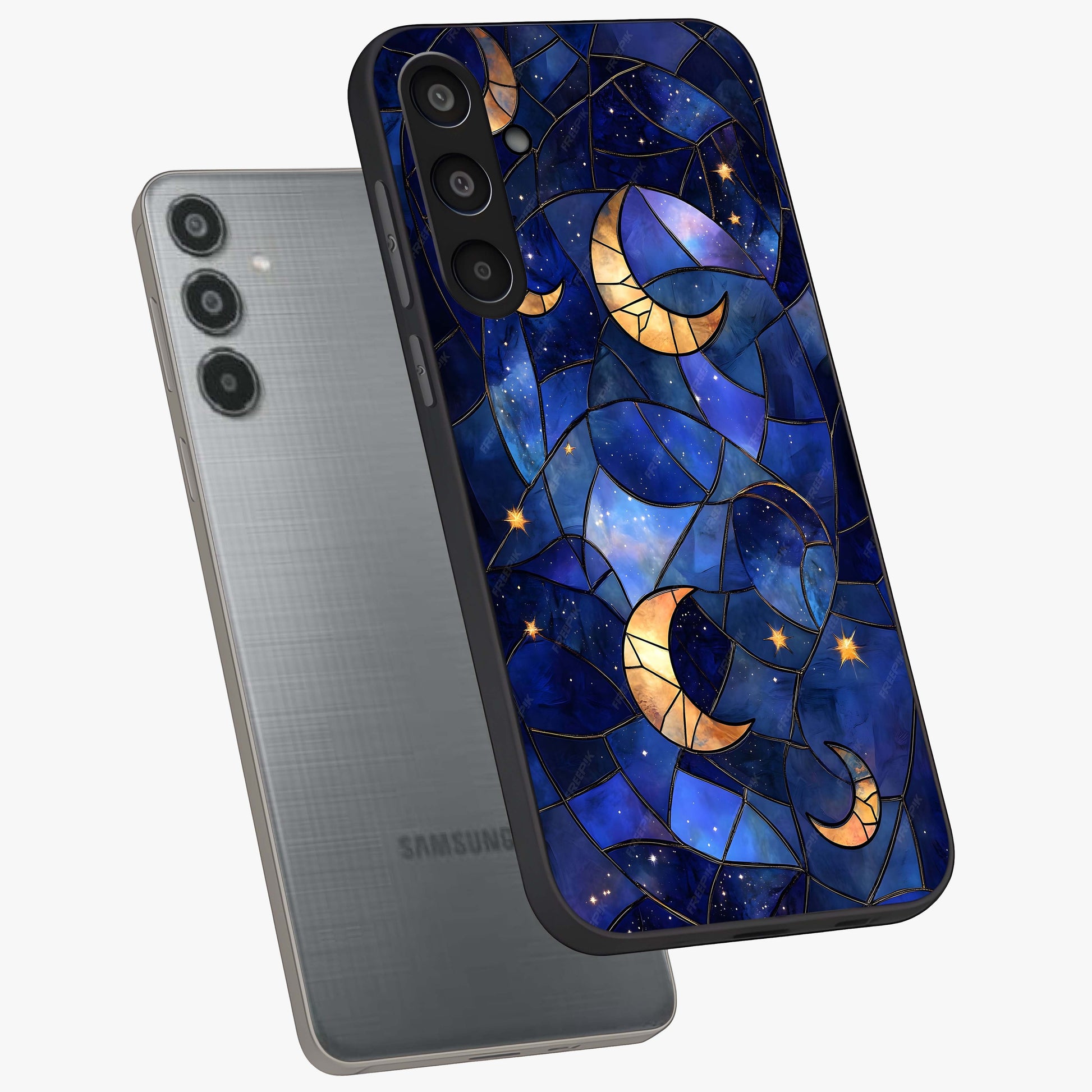 Starlit Sky Tapestry Glass Case displayed in angled mockup highlighting celestial night pattern with artistic aesthetic style.