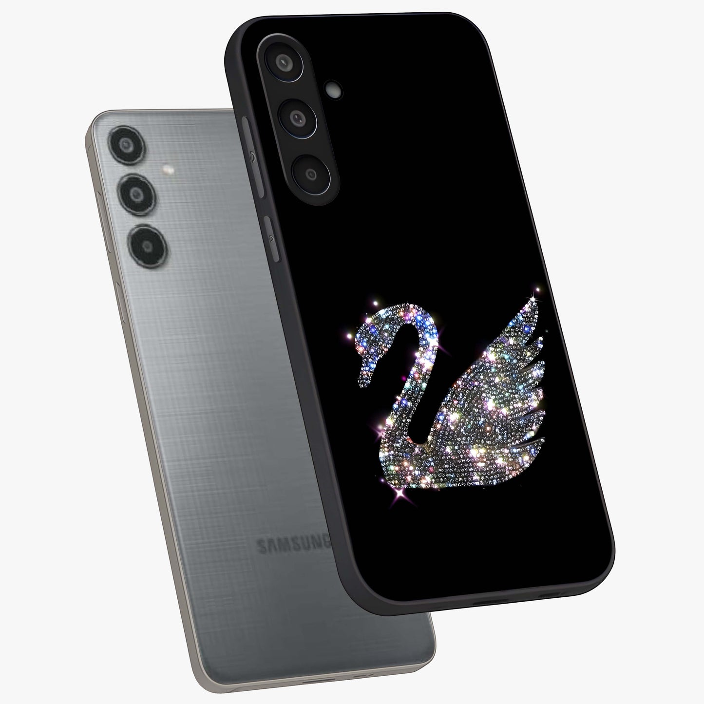 Starlit Swan Grace Glass Case displayed in angled mockup highlighting elegant swan illustration with dreamy celestial aesthetic.