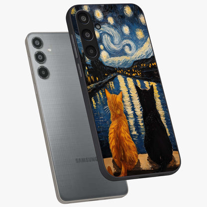 Starry River Cats Glass Case displayed in angled mockup highlighting charming feline illustration with dreamy night aesthetic.