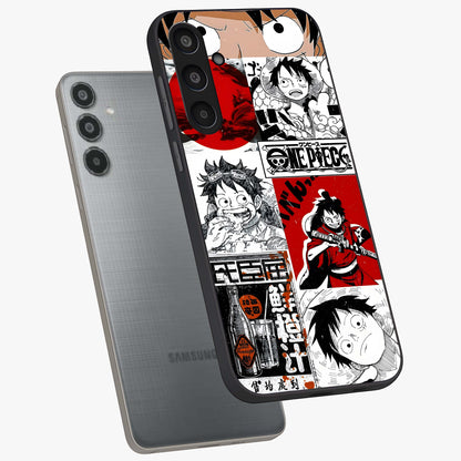 Strawhat Chaos Panels Glass Case displayed in angled mockup highlighting vibrant anime collage design with action aesthetic.