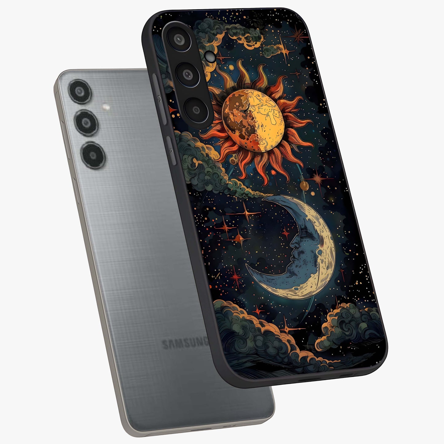 Sun And Moon Magic Design Glass Case displayed in angled mockup highlighting celestial design with magical cosmic aesthetic.