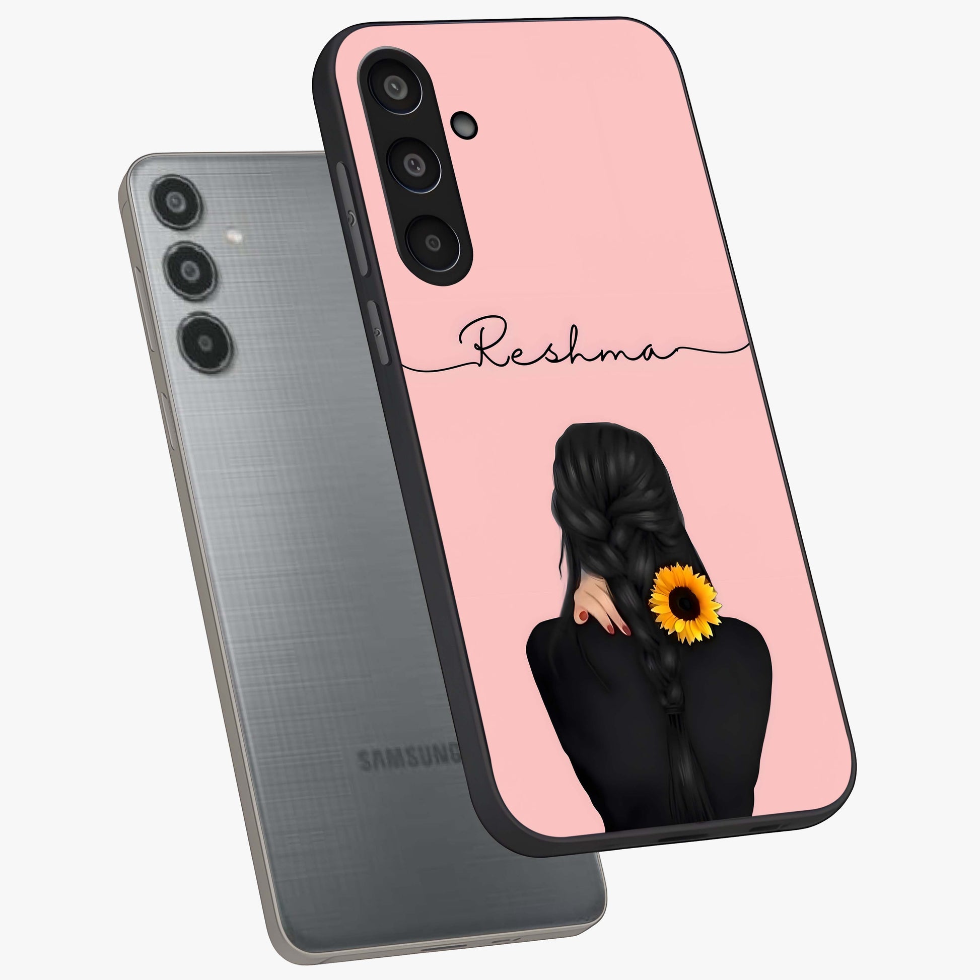 Sunflower Braid Beauty With Custom Name Glass Case displayed in angled mockup highlighting elegant sunflower design with custom name feature.