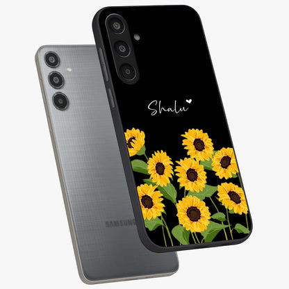 Sunflower Chic Mood Custom Name Glass Case displayed in angled mockup highlighting vibrant sunflower design with custom name feature.