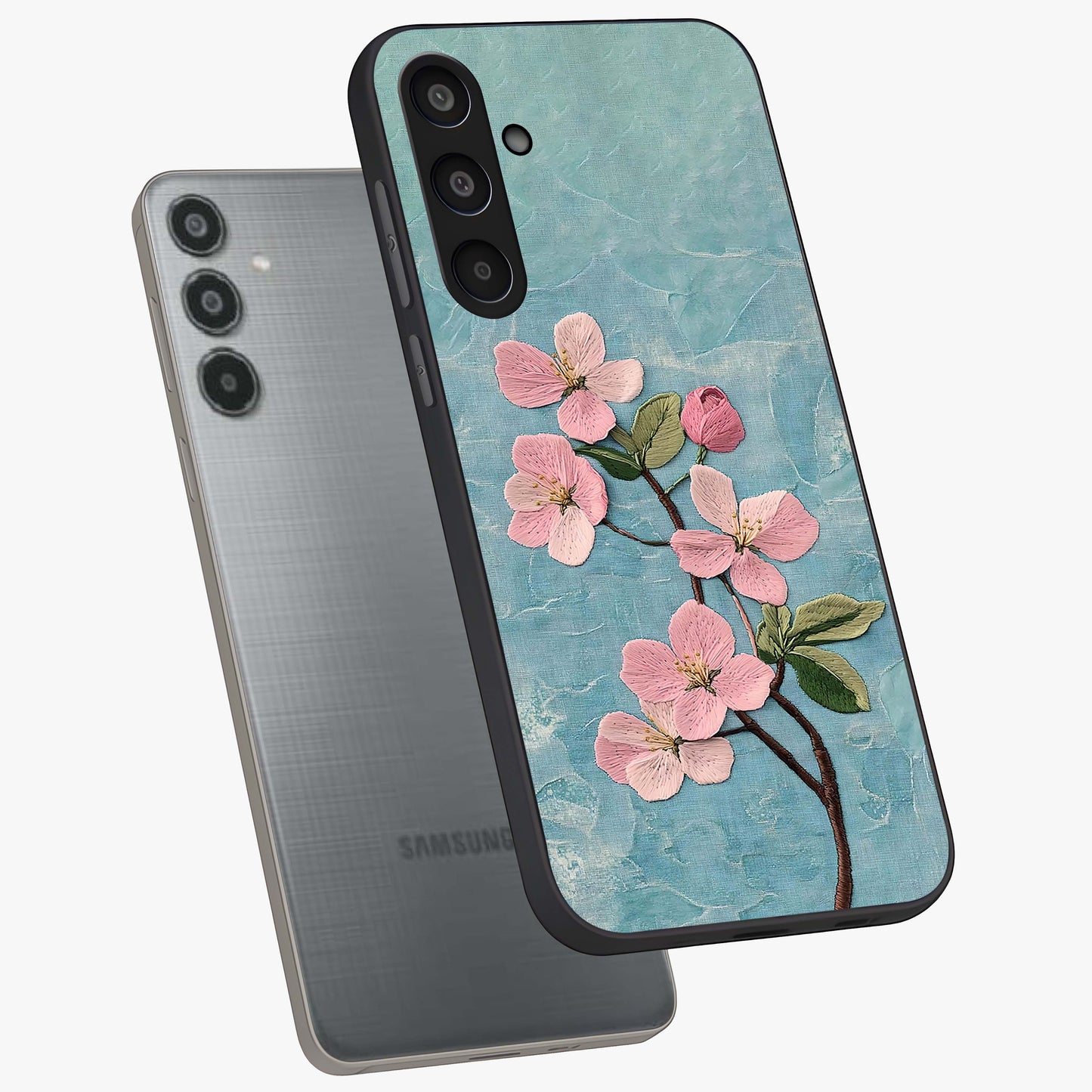 Threaded Blossom Breeze Glass Case displayed in angled mockup highlighting elegant floral design with soft aesthetic style.