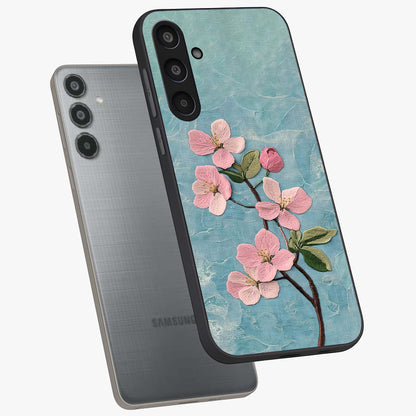 Threaded Blossom Breeze Glass Case displayed in angled mockup highlighting elegant floral design with soft aesthetic style.