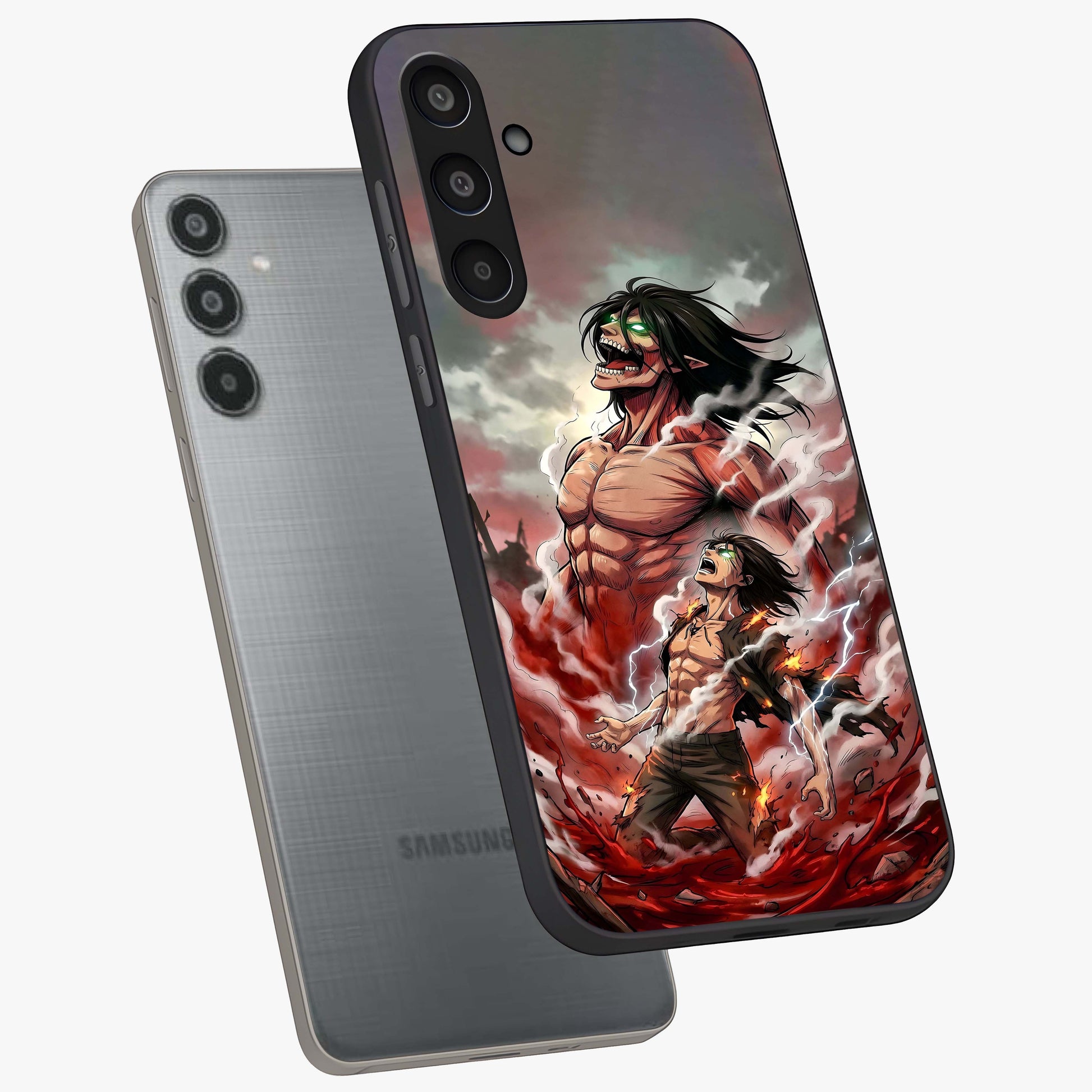 Titan Awakening Fury Glass Case displayed in angled mockup highlighting dramatic giant warrior design with bold anime aesthetic.