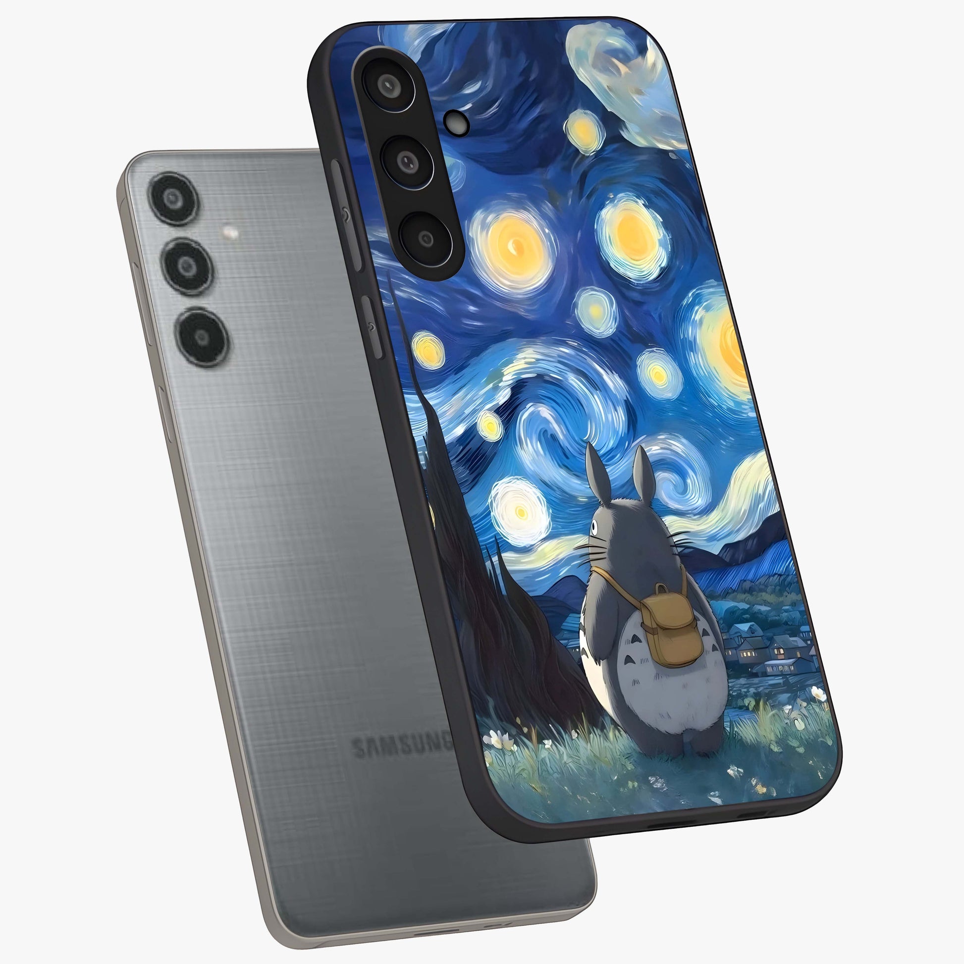 Totoro In Van Gogh Art Glass Case displayed in angled mockup highlighting artistic swirling sky design with playful animation aesthetic.