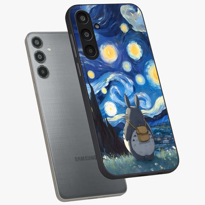 Totoro In Van Gogh Art Glass Case displayed in angled mockup highlighting artistic swirling sky design with playful animation aesthetic.