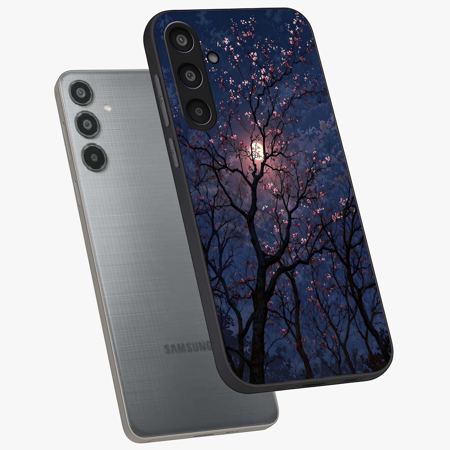 Twilight Sakura Serenade Glass Case displayed in angled mockup highlighting delicate sakura flower design with dreamy aesthetic.