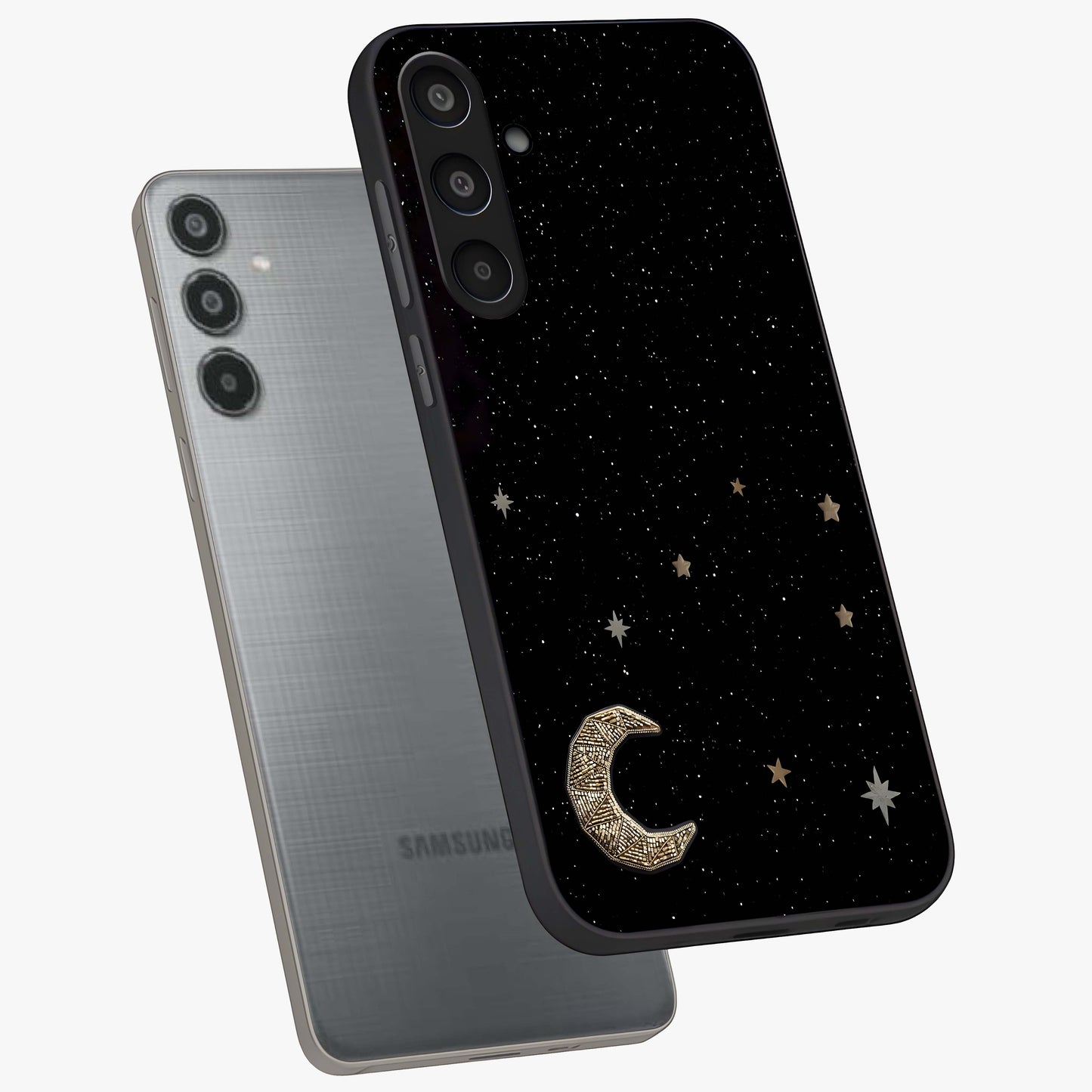 Twinkle Star With Half Moon Glass Case displayed in angled mockup highlighting celestial moon and star design with magical aesthetic.