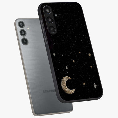 Twinkle Star With Half Moon Glass Case displayed in angled mockup highlighting celestial moon and star design with magical aesthetic.