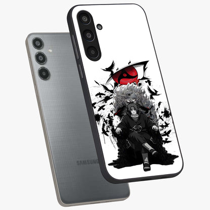Uchiha Shadow Throne Glass Case displayed in angled mockup highlighting glowing aquatic design with celestial aesthetic.