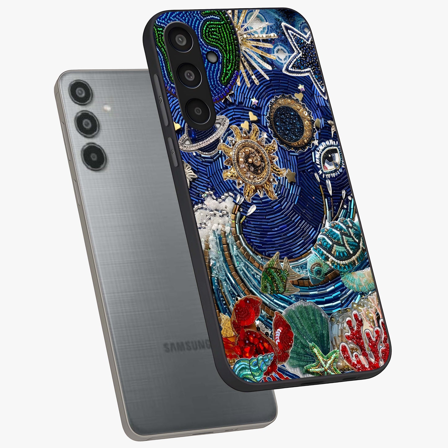Universe Underwater Spark Glass Case displayed in angled mockup highlighting glowing aquatic design with celestial aesthetic.