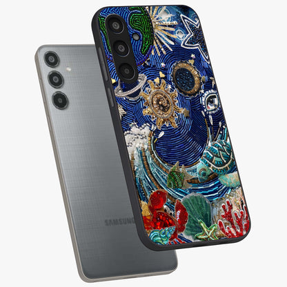 Universe Underwater Spark Glass Case displayed in angled mockup highlighting glowing aquatic design with celestial aesthetic.