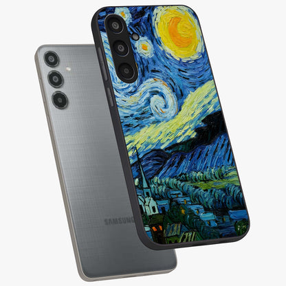 Van Gogh Art Glass Case displayed in angled mockup highlighting swirling brushstroke design with artistic aesthetic.