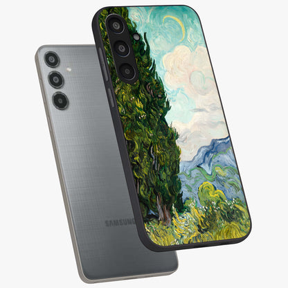Van Gogh Vintage Art Glass Case displayed in angled mockup highlighting textured brushstroke design with classic aesthetic.