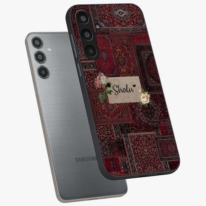 Velvet Wine Pattern Custom Name Glass Case displayed in angled mockup highlighting decorative velvet inspired design with custom name feature.