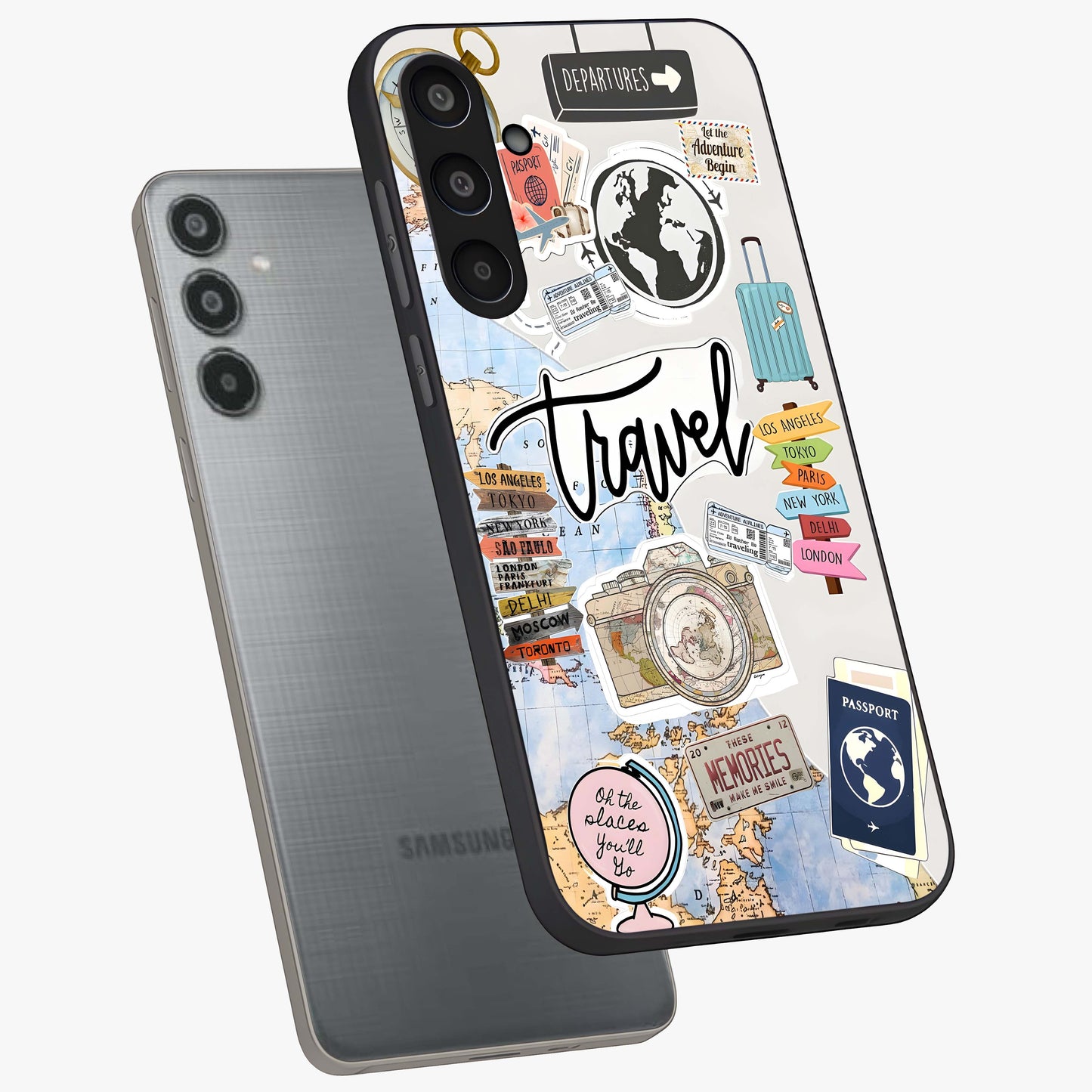 Wanderlust Journal Glass Case displayed in angled mockup highlighting adventure themed design with aesthetic travel vibe.