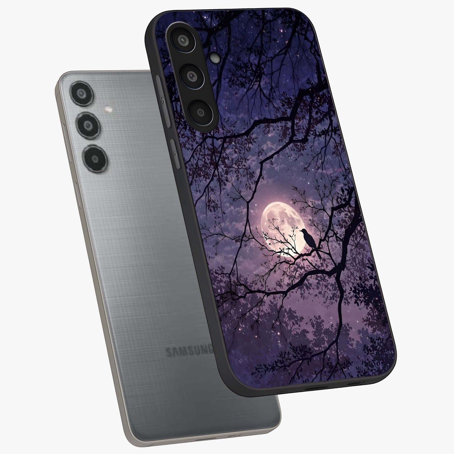 Whispering Moon Silence Glass Case displayed in angled mockup highlighting calm lunar design with dreamy night aesthetic.