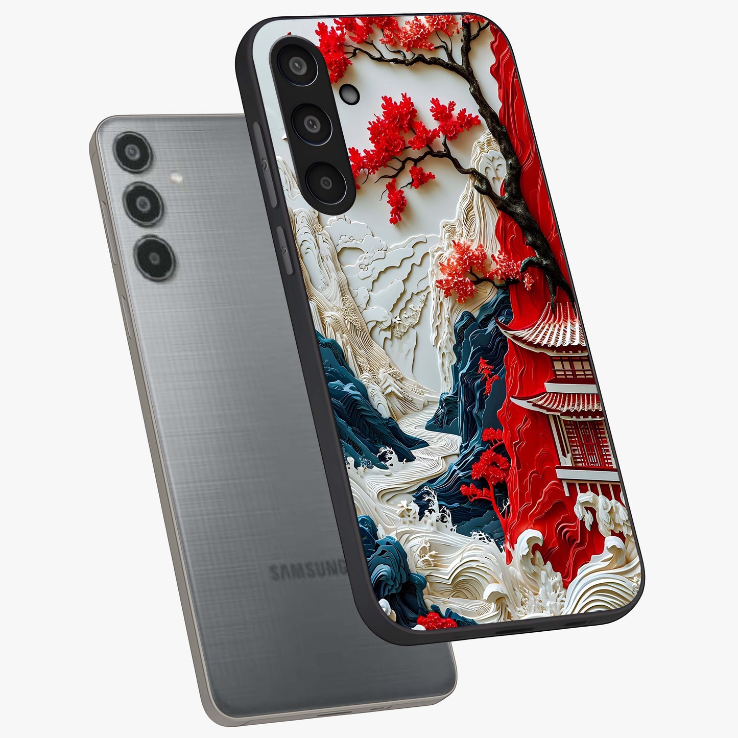 Whispers Of Sakura Waves Glass Case displayed in angled mockup highlighting flowing sakura design with soft floral aesthetic.