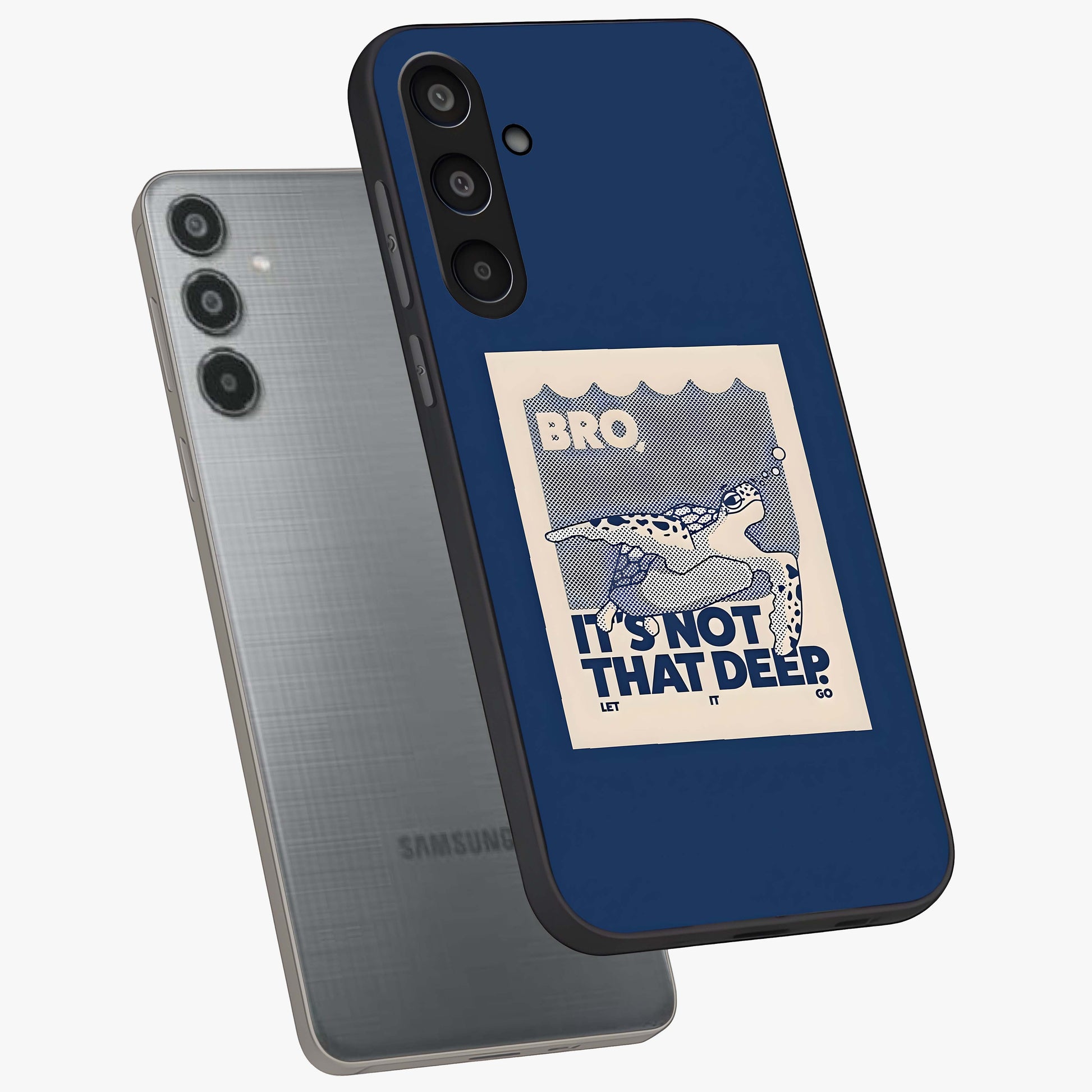 Worry Less Swim Glass Case displayed in angled mockup highlighting fun typography design with relaxed aesthetic style.