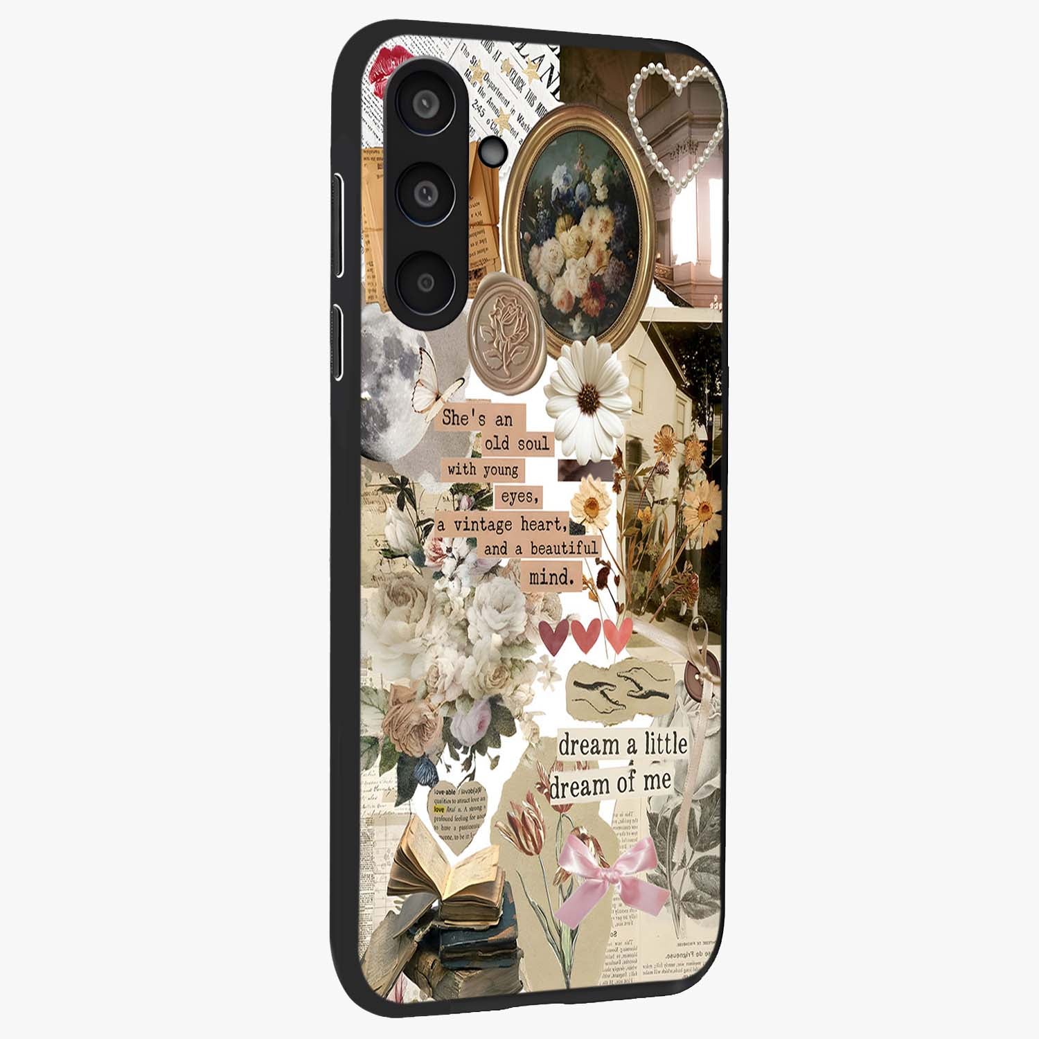 Aesthetic Brown Vintage Collage Glass Case upright view showcasing nostalgic retro artwork with stylish vintage theme.