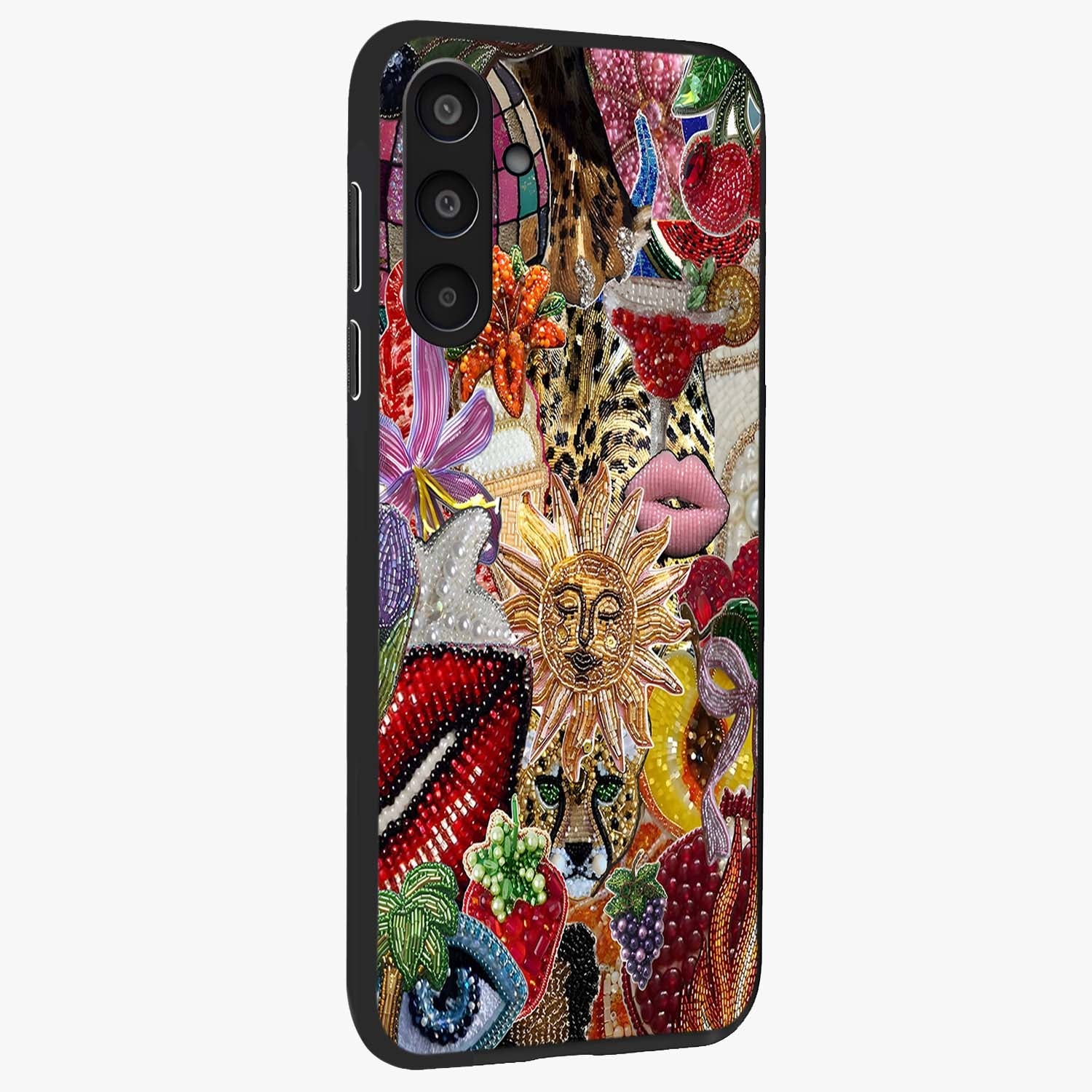 Beaded Fashion Jungle Glass Case upright view showcasing tropical jungle aesthetic with decorative bead elements.