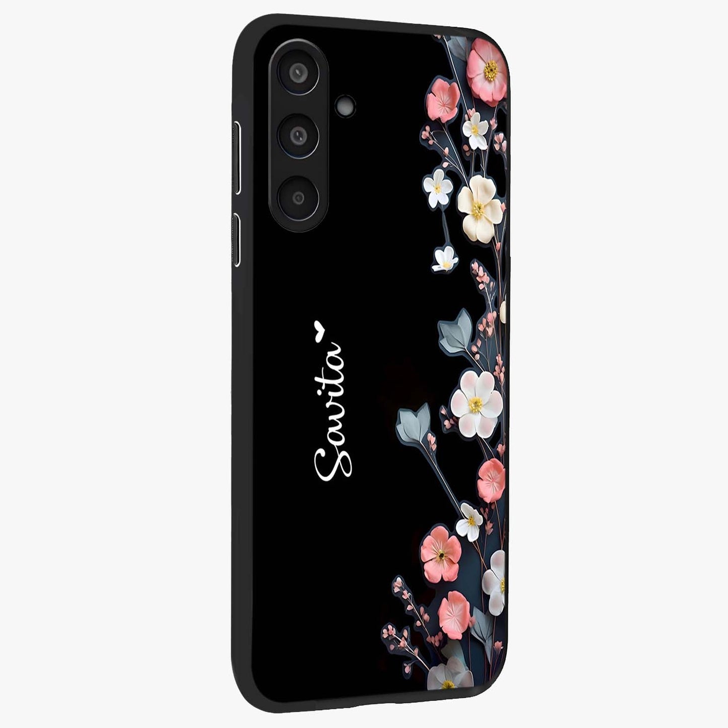 Black Elegance Floral Custom Name Glass Case upright view showcasing luxurious black floral design with personalized name detail.