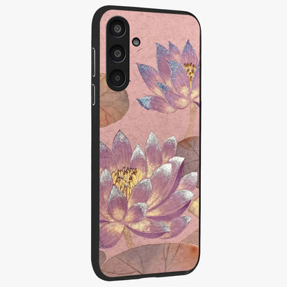 Blossom Mist Lotus Glass Case upright view showcasing graceful lotus flower design with peaceful botanical style.