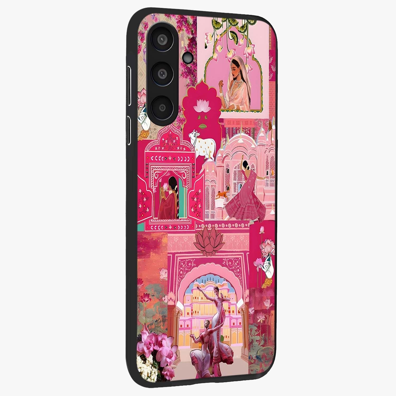 Blossoms of Rajasthan Glass Case upright view showcasing colorful floral design inspired by traditional Indian art.