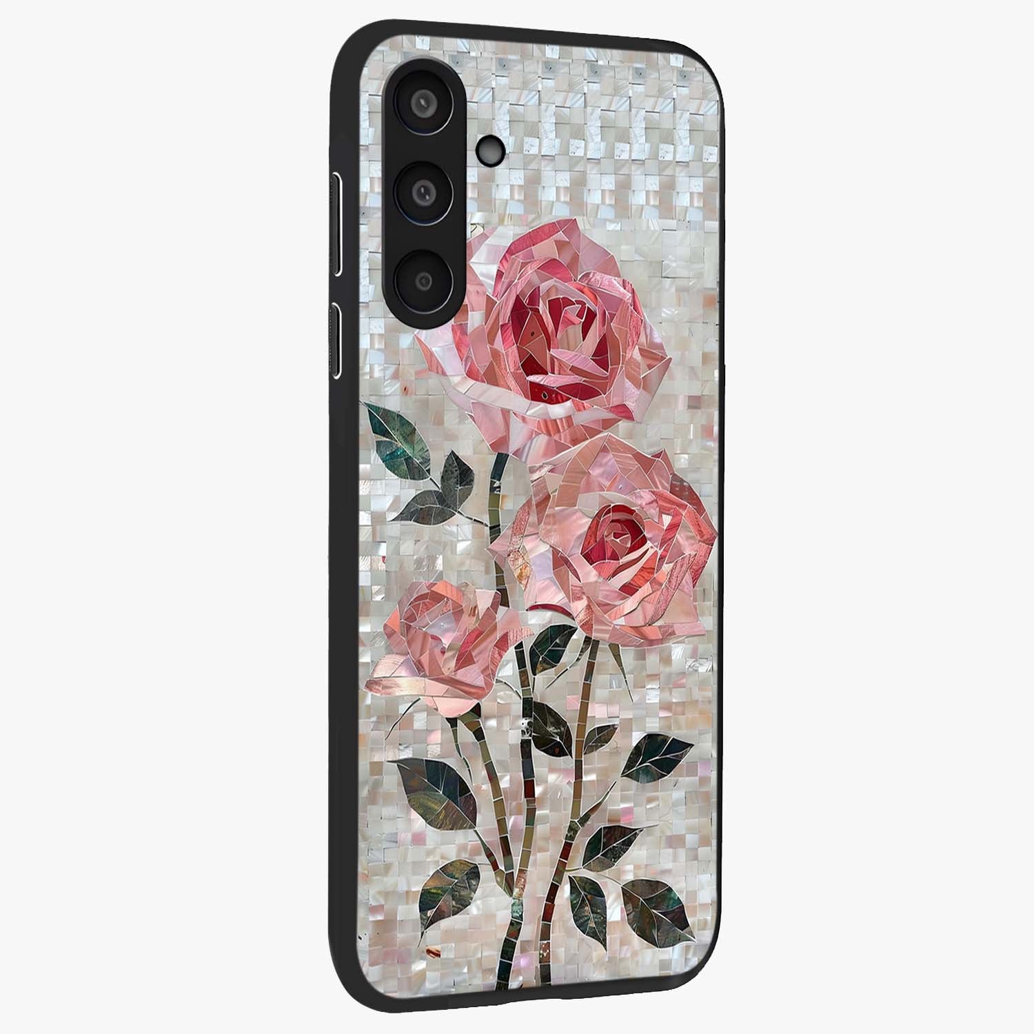 Blush Mosaic Bloom Glass Case upright view showcasing decorative floral mosaic artwork with stylish modern aesthetic.