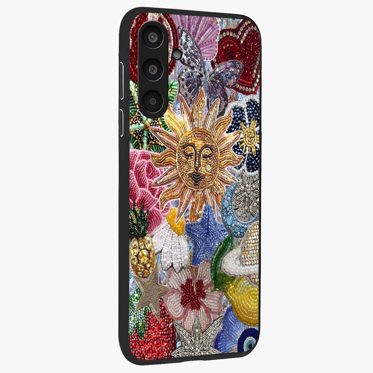 Celestial Floral and Playful Glass Case upright view showcasing whimsical floral artwork with cosmic aesthetic theme.