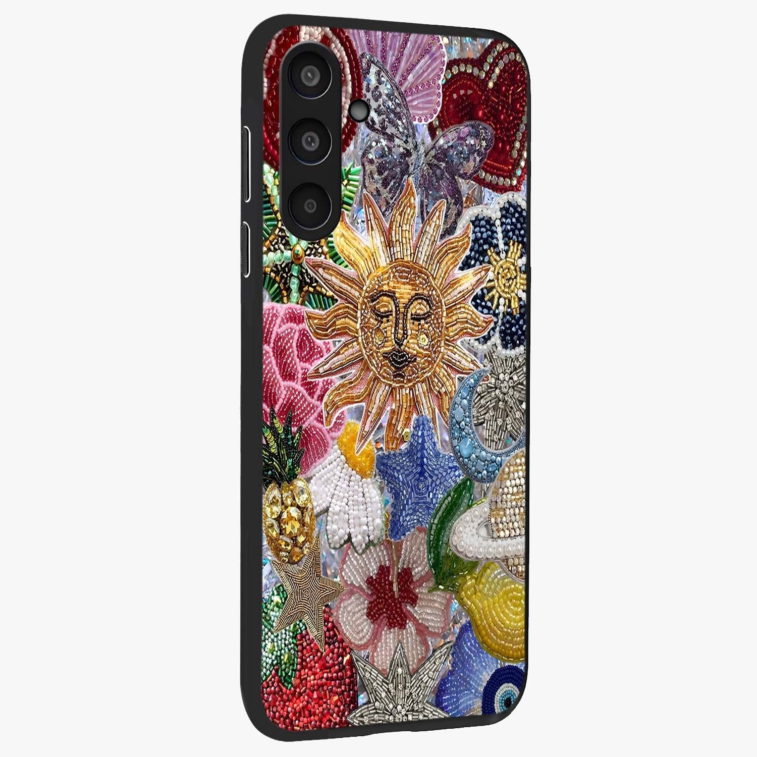 Celestial Floral and Playful Glass Case upright view showcasing whimsical floral artwork with cosmic aesthetic theme.