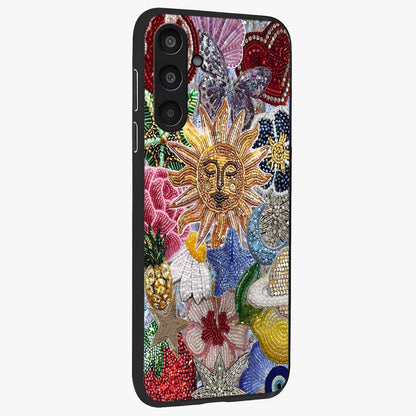 Celestial Floral and Playful Glass Case upright view showcasing whimsical floral artwork with cosmic aesthetic theme.